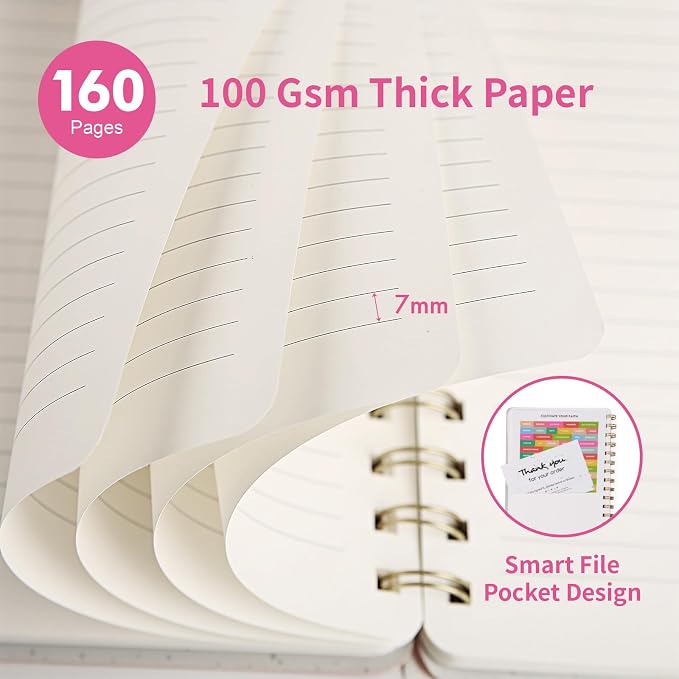 Spiral Notebook-5.75" x 8.125" College Ruled Journal with Inner Pockets and 160 Pages,PU Leather Cover Business Journal, Twin-Wire Binding Notebook Perfect for Office & Home School Supplies Rose Red