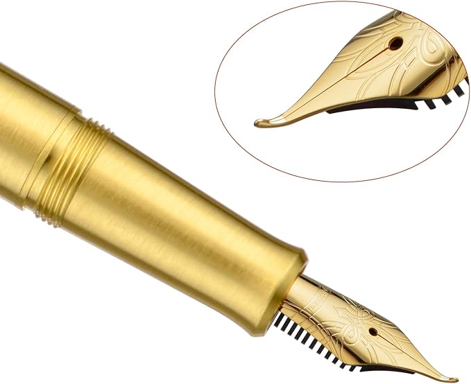 HONG DIAN M2 Mini Brass Fountain Pen with Bent Nib, Sleek Shape Short Pocket Travel Pen (Glossy Brass)