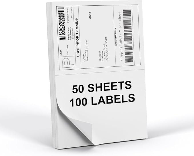 Half Sheet 8.5x5.5inch Shipping Mailing Label 100 Counts, 2 Labels Per Sheet 8.5 x 11 for Laser & Inkjet Printer, Permanent Adhesive Label Square Corner (50 Sheets)