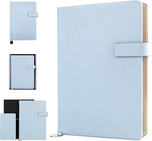 A5 Hard Cover Lined Notebook, Pen Holder & Gold Edges, 180° Lay Flat Journal, Large 5.7 x 8.4 in, Bookmark & Gift Box, Business Notebook for Work, Study, Travel(Light Blue)