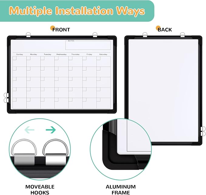 Monthly Calendar Whiteboard for Wall, 16x12 Inches Dry Erase Board, Small Magnetic White Board, Double-Sided Hanging Board for Office School Home Kitchen, Portable Board for Drawing Planning, Black