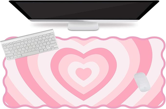 L-SPOUTTO Pink Mouse Pad,Cute Desk Mat XXL Large Scalloped Gaming Mousepad,35.4x15.7in Non-Slip Rubber Base Keyboard Pad Waterproof Desktop Mat for Laptop Computer Work Game Home Office-Pink Heart
