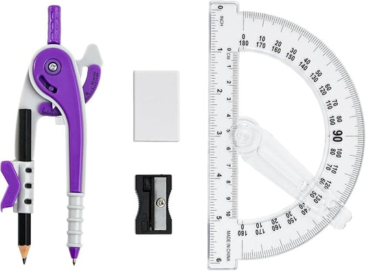 Vobou Compass and Protractor Set, 6 Inch Protractor with Swing Arm (Purple) | Compasses for Math for Drafting, Sharpener, Eraser and 180 Degree 6 Inch Clear Protractor, Easy Grip, School Supplies