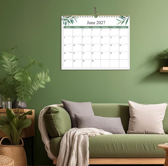 2026-2027 Calendar - Calendar 2026-2027 from July 2026 - December 2027, 19 Months Calendar with Premium Paper, Twin-Wire Binding & Hanging Hook, 12" x 14.5", Green Leaf