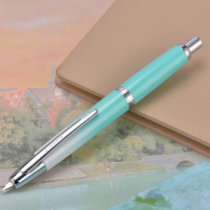 Jinhao 10 Press Fountain Pen with Box, Gradient Mint Green Retractable Extra Fine Nib with Ink Converter Set (Silver Clip)