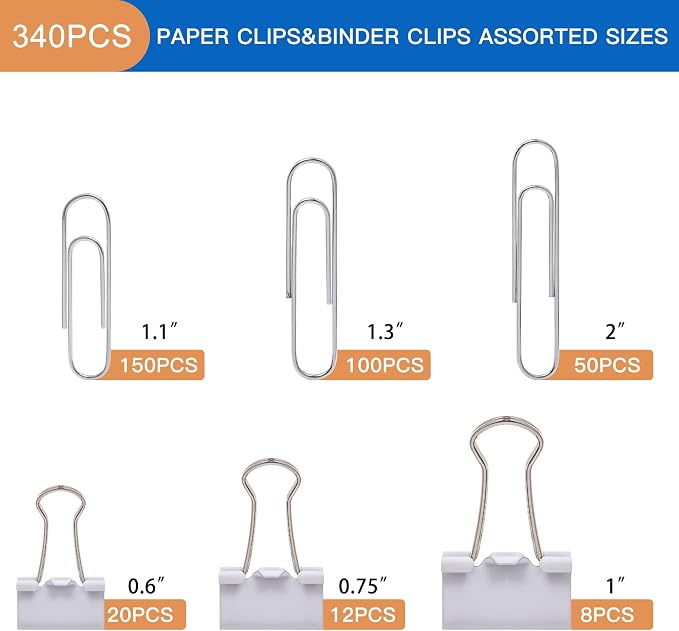 FUDAO FAMILY Paper Clips & Binder Clips, 340 PCS Assorted Sizes, Silver & White, Metal, Medium, Large, Small