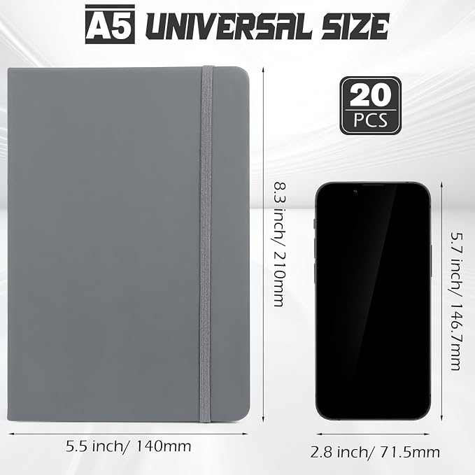 Honoson 20 Pack A5 Lined Journal Notebooks Hardcover Executive Notebook 5.5" x 8.3" PU Leather Wide Ruled Journals Bulk 160 Pages for Back to School Supplies Office Business Home (Gray)