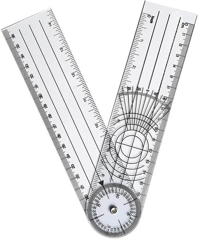 7 Inch Foldable Angle Ruler, Clear 360 Degree Goniometer Tool | Transparent plastic angle measuring tool with dual scales for woodworking, drafting, design, engineering and classroom use