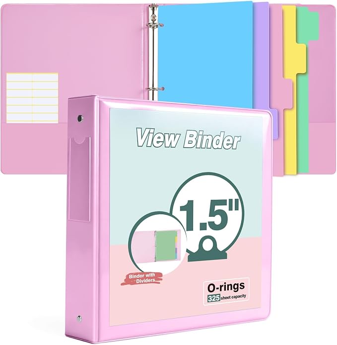 3 Ring Binder 1.5 inch，Cute Binder Organizer with 5 Tab Dividers Fits 175 Sheets of 8.5x11 Paper, Customizable Clear Cover with Inside Pockets, Aesthetic 1.5" Three Ring Binders for School Office，Pink