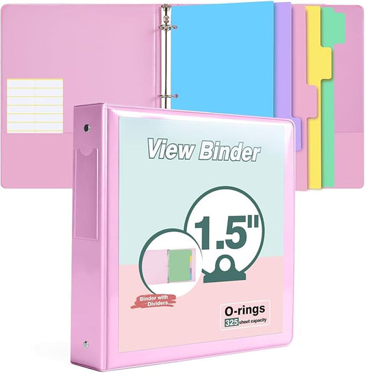3 Ring Binder 1.5 inch，Cute Binder Organizer with 5 Tab Dividers Fits 175 Sheets of 8.5x11 Paper, Customizable Clear Cover with Inside Pockets, Aesthetic 1.5" Three Ring Binders for School Office，Pink