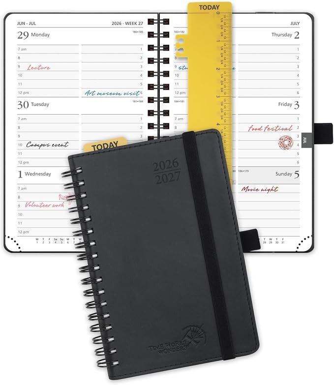 POPRUN Pocket Planner 2026-2027 (Size 4''x6.25'') Academic Pocket Calendar | Weekly Planner, Small Calendar Book(July 2026 - June 2027) with Hourly Time Slots, Spiral Leather Cover - Black