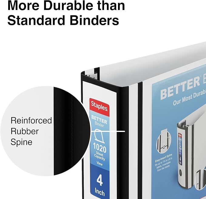 Staples Better Binder 4 Inch 3-Ring Binder, White, Wide Spine View Binder with Locking Rings, Large-Capacity Durable Office Binder, 2 Pack