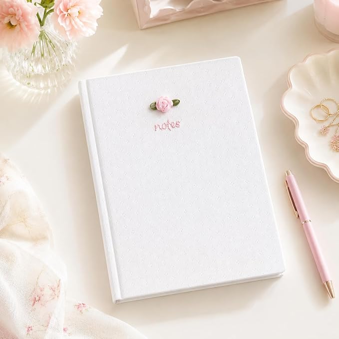 Pearhead Fabric Hardcover Journal Notebook 6x8 – Pointelle Embroidered College-Ruled Writing Journal with 200 Lined Pages, Pink