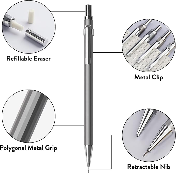 4PCS Metal Mechanical Pencil Set, 0.7mm Medium Point Pack with Storage Case | 480 Leads, 3 Erasers+9 Refills, For School Writing, Sketching, Art Drawing & Professional Drafting