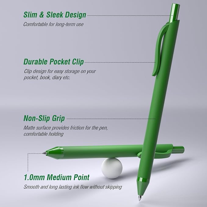 50 Pack Green Ink Pens - Bulk Pens, 1.0MM Medium Point Ballpoint Pens, Smooth Writing No Bleed Retractable Ball Point Pen (Green)