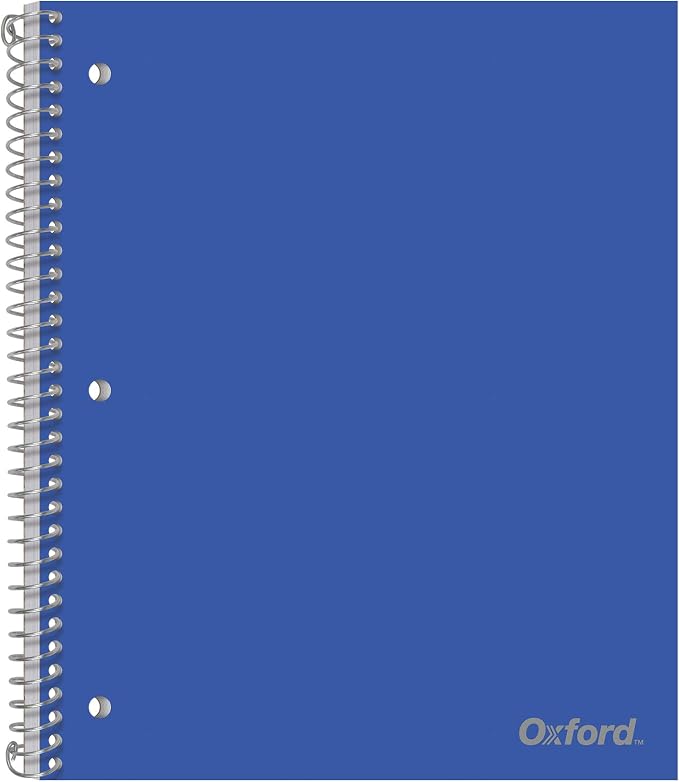 Oxford 1-Subject Poly Notebook, 8.5 x 11 inches, 3-Hole Punch, College Rule, 100 Sheets Per Journal, Durable Poly Storage Pocket, Colors May Vary (10590)