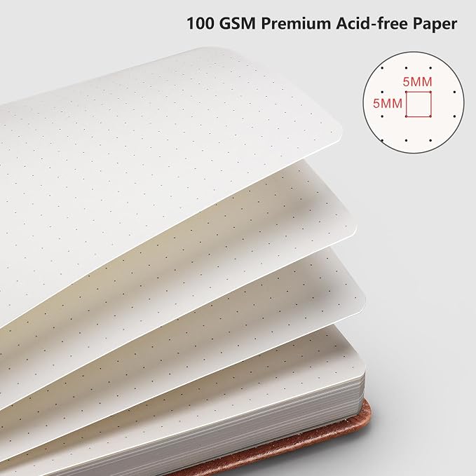 AHGXG Dotted Journal Notebook, 192 Pages, A5 Medium Size (5.7'' x 8.3'') | Leather Hardcover, 100 GSM Thick Paper, for Journaling, Planning, Tracking (Brown)