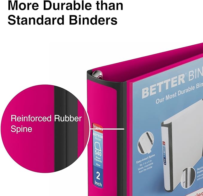 Staples Better Binder, 2" Heavy‑Duty D‑Ring 3‑Ring Binder, Pink, Reinforced Spine, 540‑Sheet Capacity, Durable Organizer for Office, School & Filing, 2‑Pack