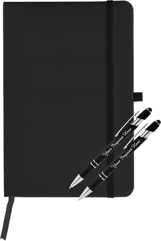 ExpressDesigns™ - Personalized Pens Gift Set w/Journal- 2 Pack of Soft Touch Metal Pens w/Notebook - Custom Engraved with Name or Message (Black)