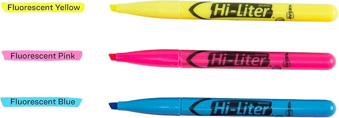 Avery Hi-Liter Pen-Style Highlighters, Smear Safe Ink, Chisel Tip, 3 Assorted Color Highlighters (25860)