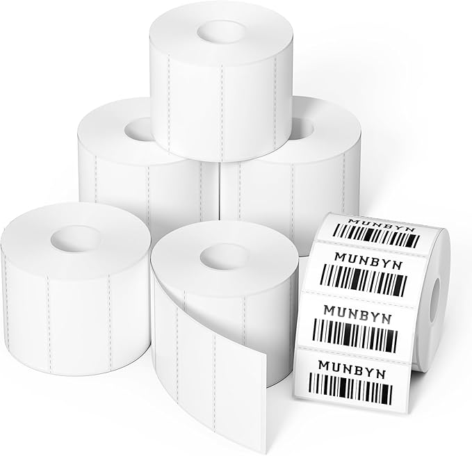 MUNBYN 2x1 Thermal Labels, 6000 Sheets/6 Roll, White | Strong Adhesive & Perforated, Non BPA&BPS for Barcode, Inventory, Organization