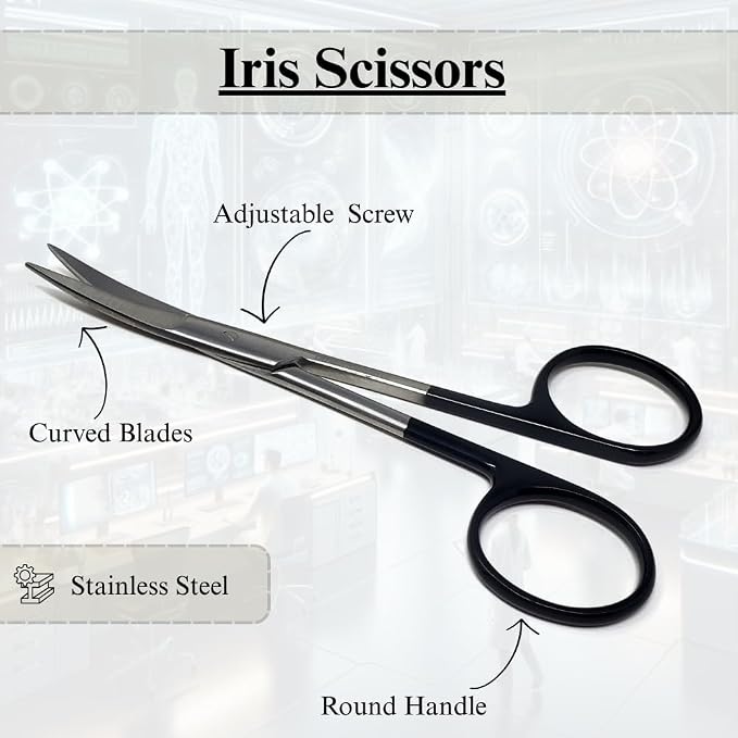 Premium Iris Scissors Micro Dissecting Scissors Curved 4.5" with Fine Sharp Blades Made of Stainless Steel Medical Surgical Tools (Black Handle)