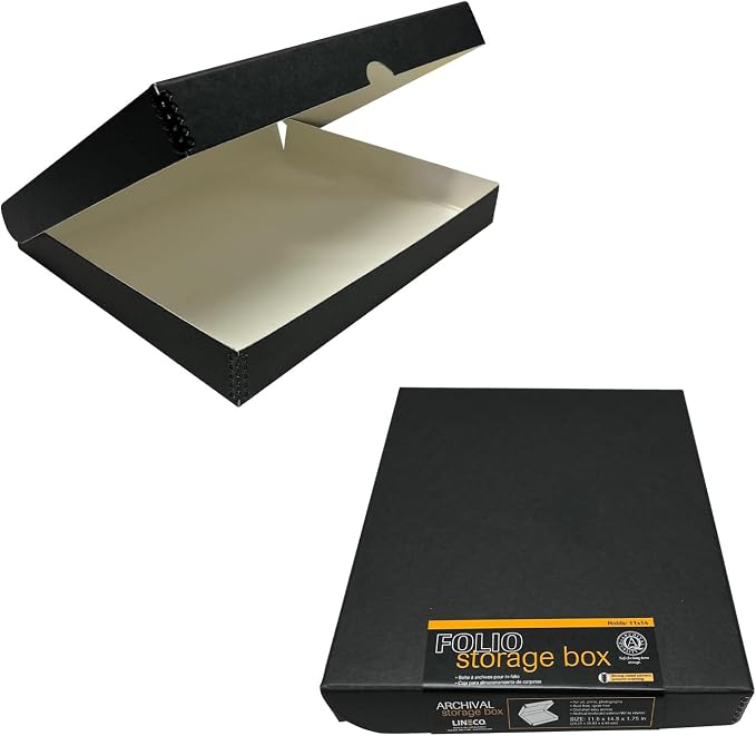 Lineco Clamshell Archival Storage Box, 11x14x1.75 Inch, Black, Pack of 2 | Acid-Free with Metal Edge Boxboard, Organize and Store Photos Documents Cards Negatives Magazine Prints Family Records DIY