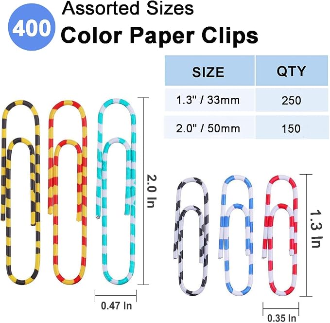Vinaco Paper Clips Color Stripe, 400PCS Medium & Large (1.3 inch & 2 inch) Paper Clip Assored Size, Durable and Rustproof, Vinyl Coated Paperclips Colorful for Office School Document Organizing
