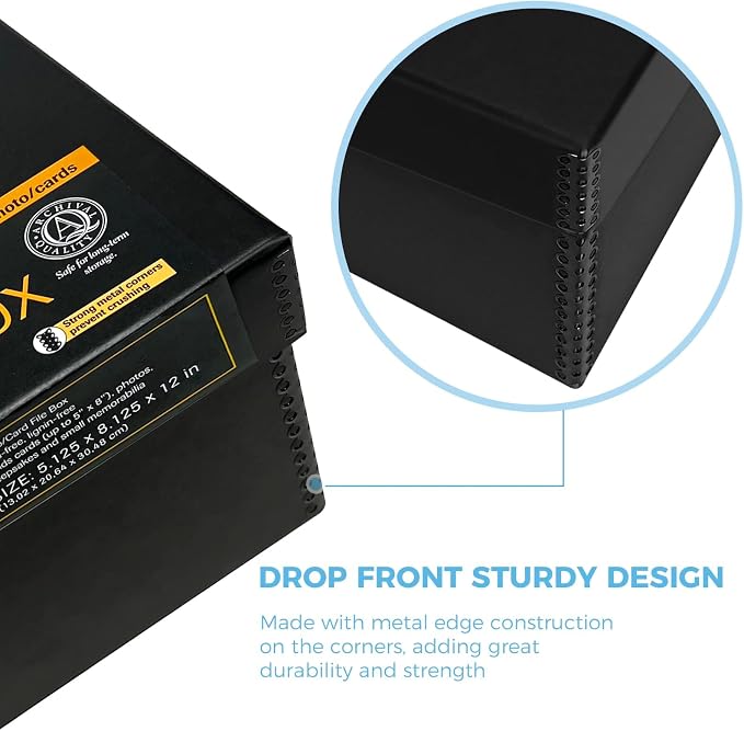 Lineco Archival Photo Card Box, Museum-Quality, 5x8x12 Inch, Black, 2 Pack | Acid-Free with Removable Lid, Metal-Edge Corner, Bulk Storage and Preservation for Negatives, Prints, Films, Photos, Snapshot