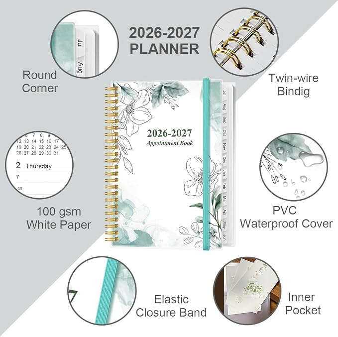 2026-2027 Appointment Book & Planner - Hourly Planner from July 2026 -June 2027, Weekly Appointment Book 2026-2027 with 30-Minute Interval, 6.4" x 8.5", Teal Floral