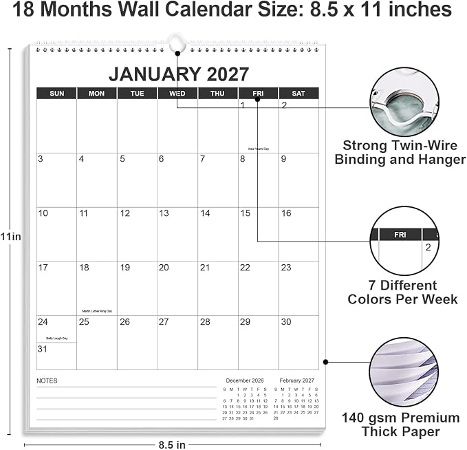 2026-2027 Wall Calendar - Runs from July 2026 until December 2027, Hanging Wall Calendar 2026-2027 for Easy Organizing, Vertical Calendar, 8.5" x 11", Black