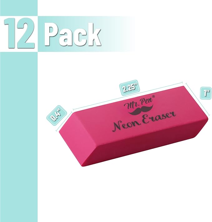 Mr. Pen- Pencil Eraser, 12 Pack, Neon Colors | Large Latex Free Block Erasers for School, Office, Art Sketching, Homework, Exams, Clean Smudge-Free Correction