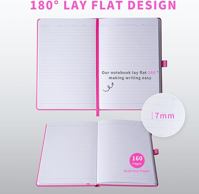 Heture Hardcover Journal Notebooks, A5 Lined Notebook for Writing and Work, 160 Pages 100 GSM Thick Paper, Ruled Notebooks Bulk with Elastic Closure, Hardcover Notebook for Work, School, Travel, Note Taking (Fuchsia, 1 Pack)