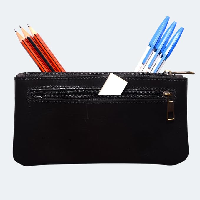Vintage Leather Pencil Case Pouch, Pen Pouch for Work and University, for Men and Women Elegant & Practical Brown Leather Pencil Cases for Adults Perfect for Office (Black) (Black)