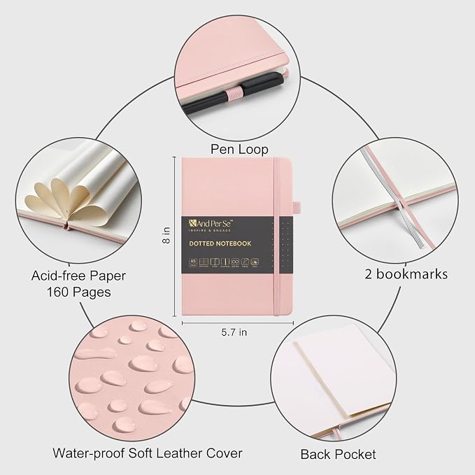 &And Per Se Dotted Journal and Pen Set, A5 Leather Hardcover Dotted Notebook, 160 Pages 100GSM Thick Paper Dot Grid Journal with Fineliner Pen (Pink)