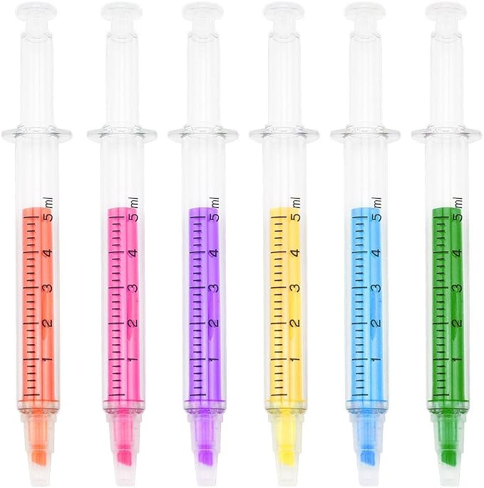 Syringe Highlighter Pens with 6 Colors (24pc) - Bulk Medical Theme Gifts for Nurses & Office Supplies