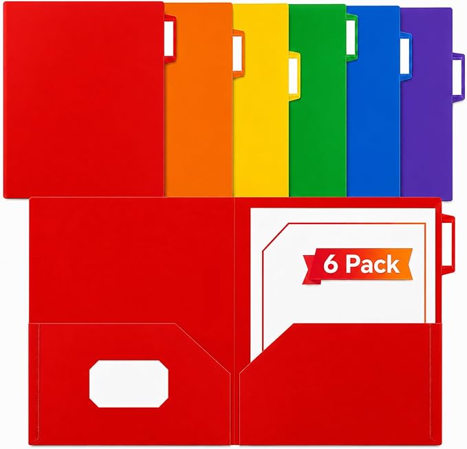 SortRax Plastic Folders with Pockets, 6 Pack 2 Pocket Folders, 1/3 Cut Tabs, Assorted Colors