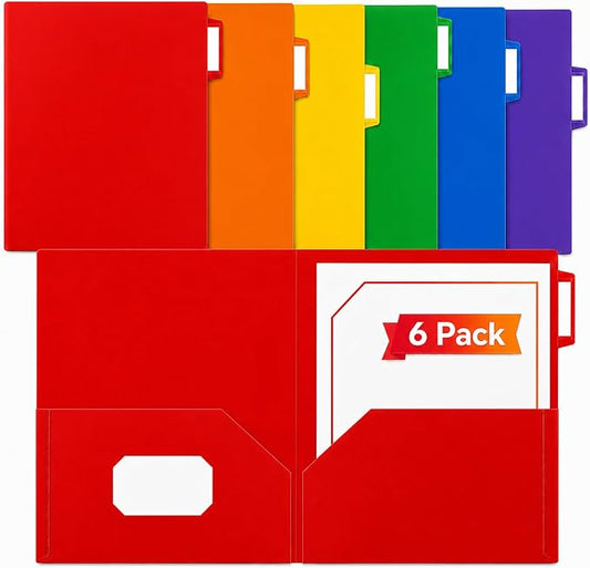 SortRax Plastic Folders with Pockets, 6 Pack 2 Pocket Folders, 1/3 Cut Tabs, Assorted Colors