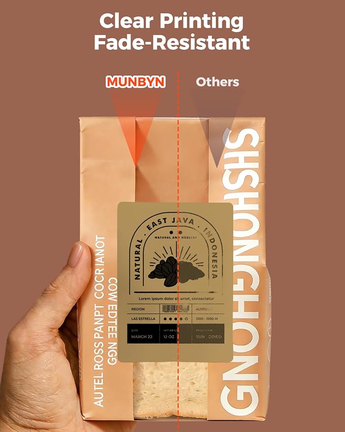 MUNBYN 4x3 Thermal Labels, 500 Sheets/1 Roll, Brown | Strong Adhesive & Perforated, Non BPA&BPS for Small Business, Shipping, Bakery, Clothing