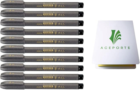 ACEPORTE Zebra Fude Sign Brush Pen Fine (WF1), Calligraphy Pen for Art Drawings, Manga Illustration, Water-Resistant Black Ink, Pack of 10 & Original Sticky note