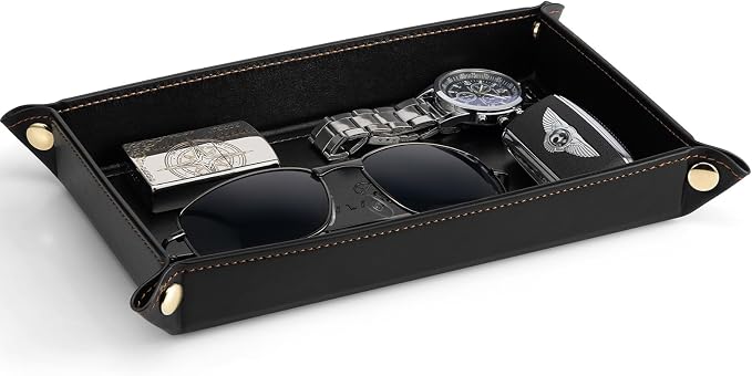 VLANDO Valet Tray for Men, Foldable PU Leather Catchall Tray, Black | Travel Valet Tray for Keys, Wallet, Watch, Phone and Glasses, Nightstand Dresser Desk Entryway Organizer for Men and Women