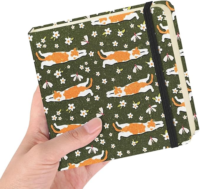 4.8" Square Pocket Sketch Book,Hardcover Art Sketchbook for Drawing Journal | Cloth Cover,80gsm Blank Paper,96Sheets,Lay-Flat,Portable Travel Creation Paint Diary Memo Planner,Dry Media.Lying Cat