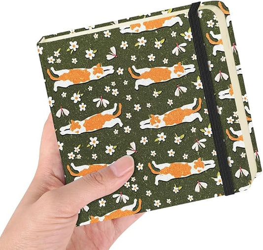 4.8" Square Pocket Sketch Book,Hardcover Art Sketchbook for Drawing Journal | Cloth Cover,80gsm Blank Paper,96Sheets,Lay-Flat,Portable Travel Creation Paint Diary Memo Planner,Dry Media.Lying Cat