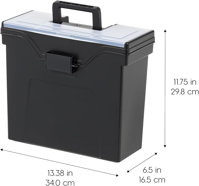 IRIS USA Slim Portable File Box Organizer with Lid, Letter Files, Black | Carry letter size files, folders and paperwork with a slim portable design and secure storage for everyday organization