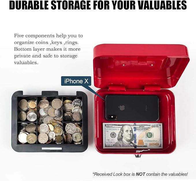 Kyodoled Medium Cash Box with Money Tray,Small Safe Lock Box with Key,Cash Drawer,7.87"x 6.30"x 3.54" Red Medium