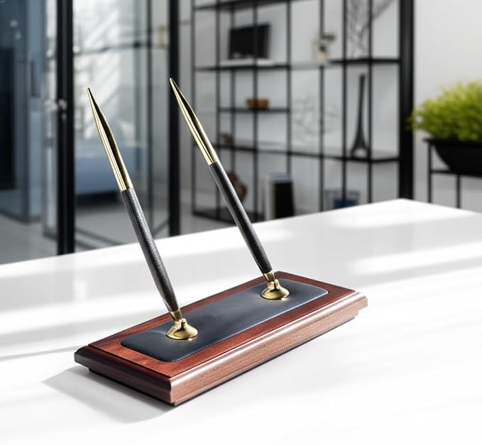Dacasso Luxury Walnut & Black Leather Double Pen Stand with Rolling Ball Pen - Executive Desk Decor and Elegant Organizer