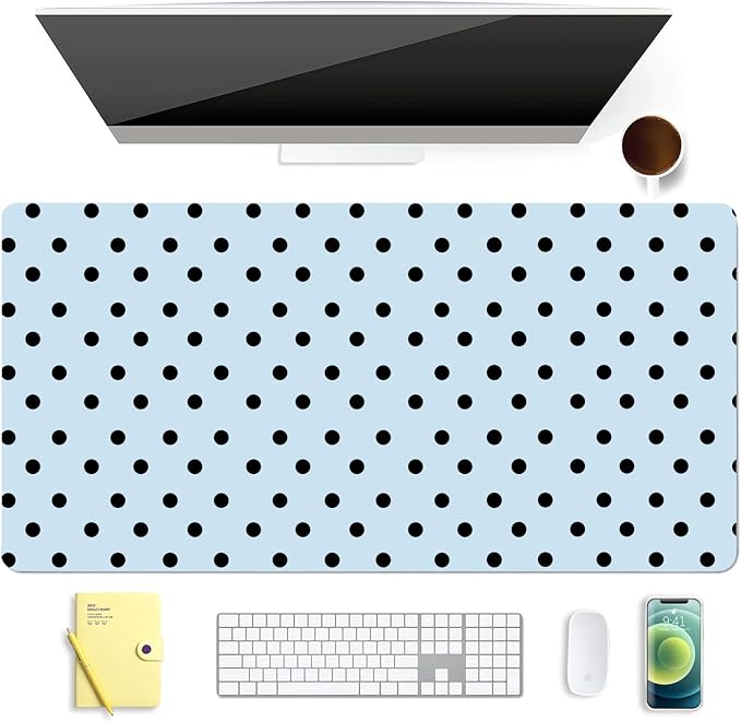 Black Polka Dot Leather Desk Mat Extended Gaming Mouse Pad | Non-slip Large Writing Pad Laptop Blotter Computer Keyboard Mat | Cute Blue Desk Protector for Home Office 27.6" x 13.8"