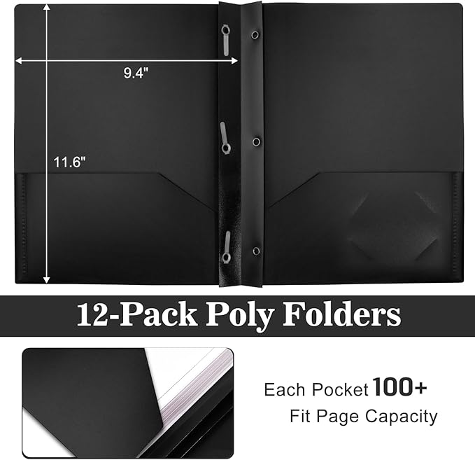 12-Pack Plastic Folders with Pockets and Prongs, 2-Pocket Poly Folders with 3 Fasteners Hold 8-1/2" x 11" Paper for School/Office/Home, Black