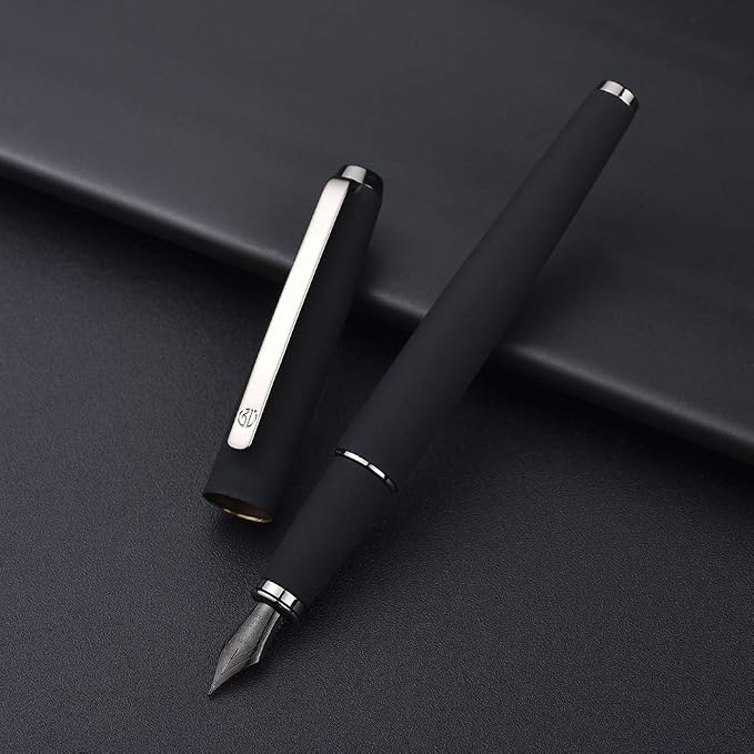 Hongdian 517D Matte Black Fountain Pen Extra Fine Nib, Warrior Series, Classic Design with Converter and Metal Box