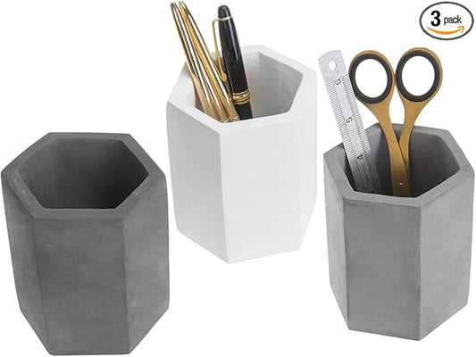 MyGift Set of 3 Cement Decorative Hexagon Multi-Colored Desktop Pen Holder and Pencil Office Supply Stationary Storage Cups (White, Gray, Black)